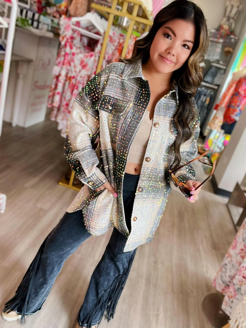 Sequin In My Life, Plaid Shacket with Sequin Overlay