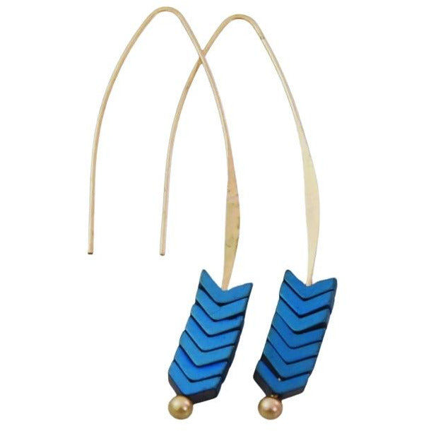 Blue Horizon, Long Gold-Colored Wire Earrings with Metallic Blue Chevron Stones