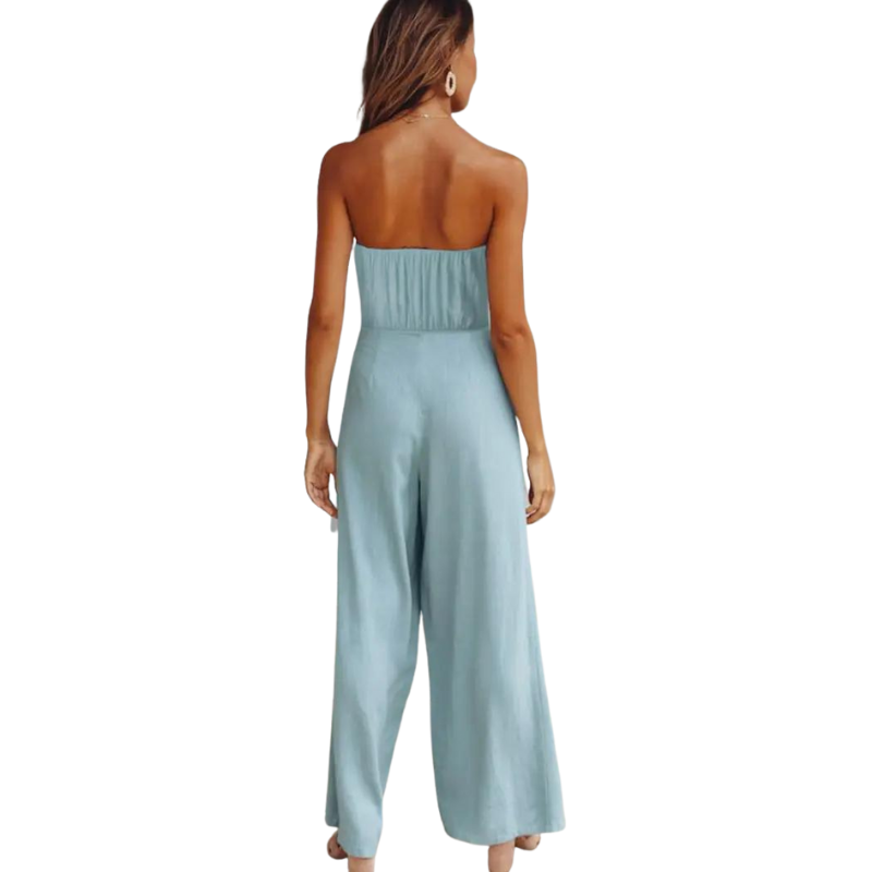 Heavenly In Blue Strapless, Wide-Leg Jumpsuit With Front Tying Detail