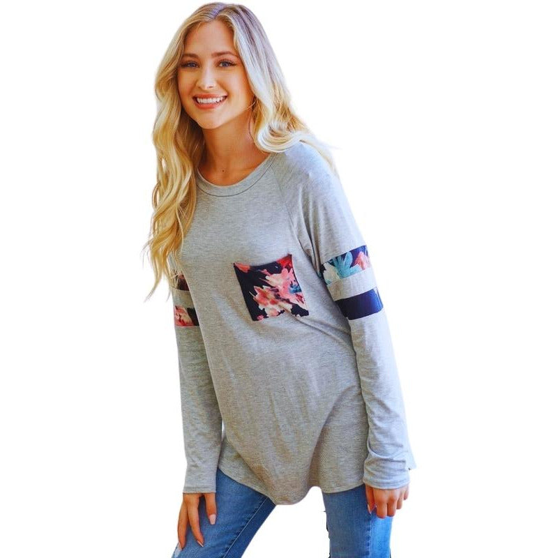 Grey Long Sleeve Top with Floral Detail