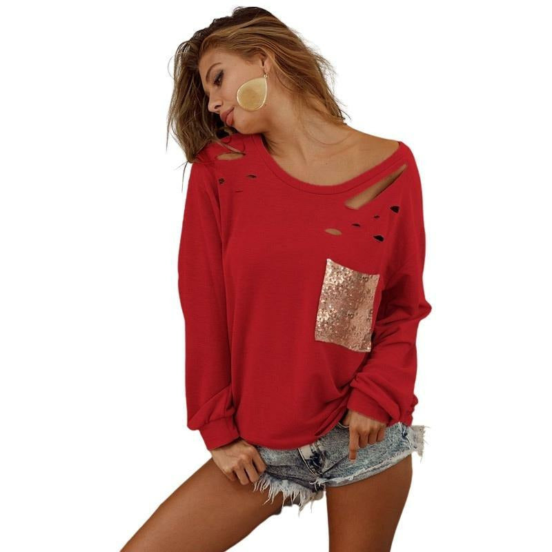 Casual with a Touch of Sequin Red Terry Knit Top with Rose Gold Sequin Pocket