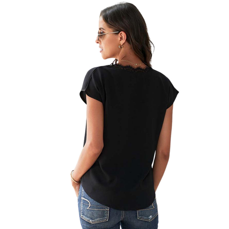 On The Daily, Black Short Sleeve Blouse With Lace Trim V-Neck