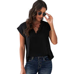 On The Daily, Black Short Sleeve Blouse With Lace Trim V-Neck