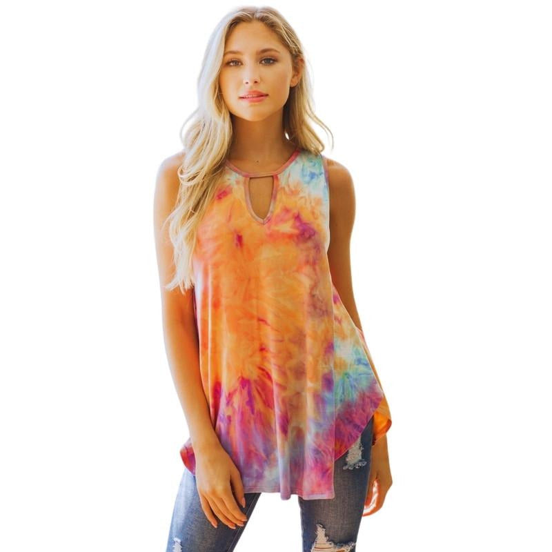 Colors of The Rainbow, Tie Dye Tunic Tank with Keyhole Cut Out Neckline